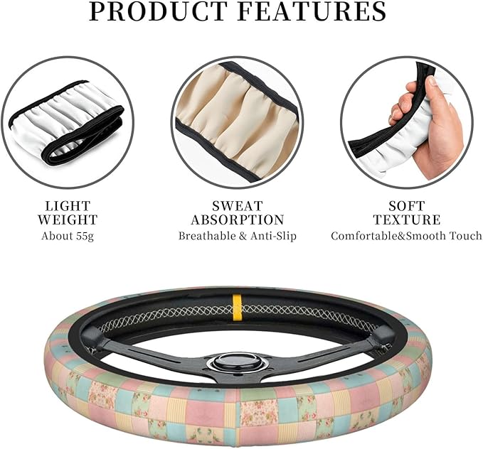 Squares Fabric Pattern Universal Fit Steering Wheel Cover for Car, Truck, and SUV, Durable Steering Wheel Protection