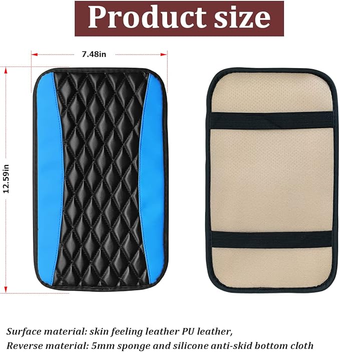 Moly Magnolia Car Center Console Cushion Pad, Universal Leather Waterproof Armrest Seat Box Cover Protector,Comfortable Car Decor Accessories Fit for Most Cars, Vehicles, SUVs (Blue)