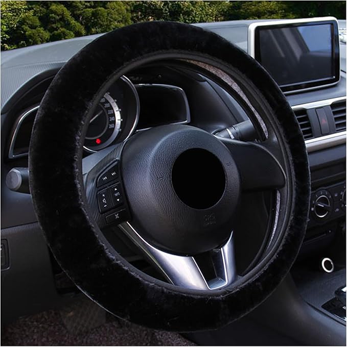Augeny Fuzzy Car Steering Wheel Cover, Anti-Slip Soft Plush Steering Wheel Protector, 15 Inch Elastic Wheel Covers, Universal Vehicle Interior Winter Warm Accessories for Men Women (Black)