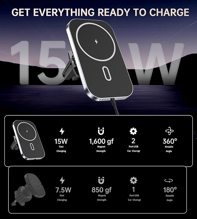 Mukiya for MagSafe Car Mount Charger with Adapter, 360° Rotation Magnetic Wireless iPhone Car Charger for Air Vent, Compatible with iPhone 17/16/15/14/13/12 Series