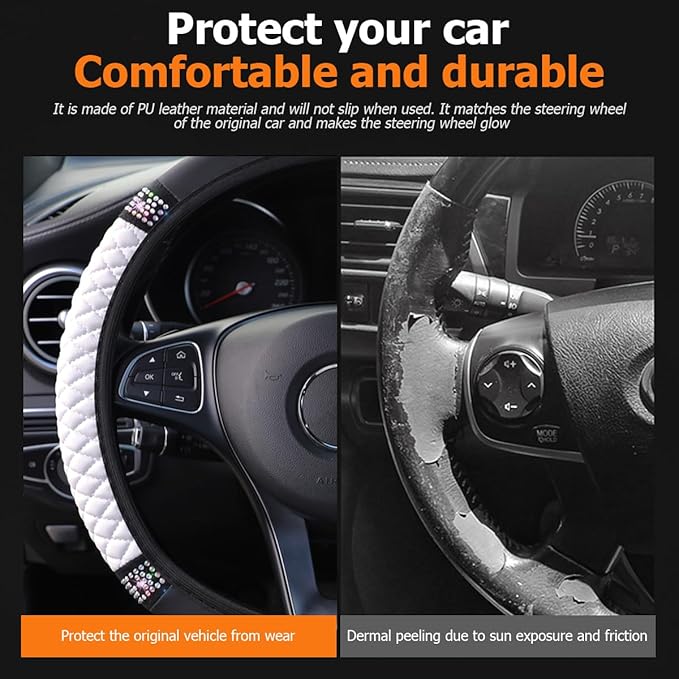 Bling Car Steering Wheel Cover, 15 Inch Crystal Rhinestone Elastic Stretch Leather Steering Wheel Protector, Vehicle Decor Accessories for Women Girls, Universal for RV, SUV, Truck (White)