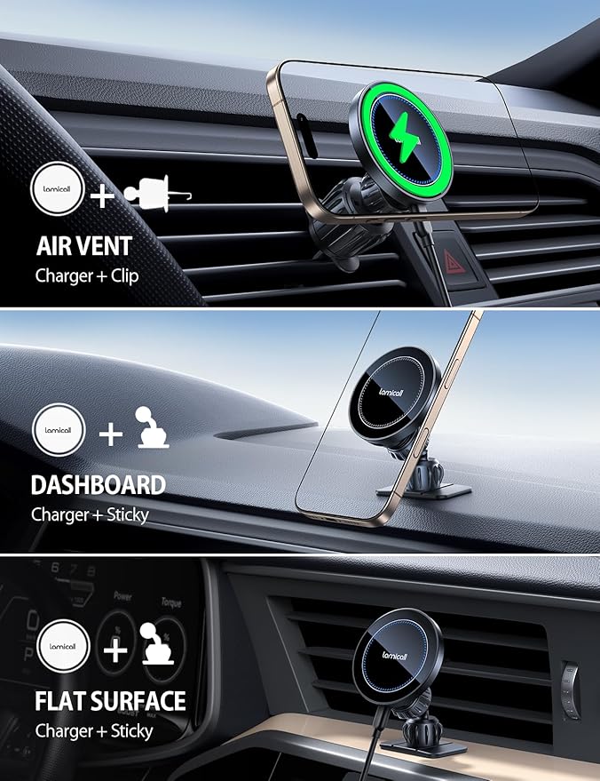 Lamicall 15W for MagSafe Car Mount Charger - [20X Strong Magnets] Wireless Car Phone Holder Charger, Magnetic Phone Holders for Car Vent Dash Gift Accessories for Women Men for iPhone 17 Pro Max Black