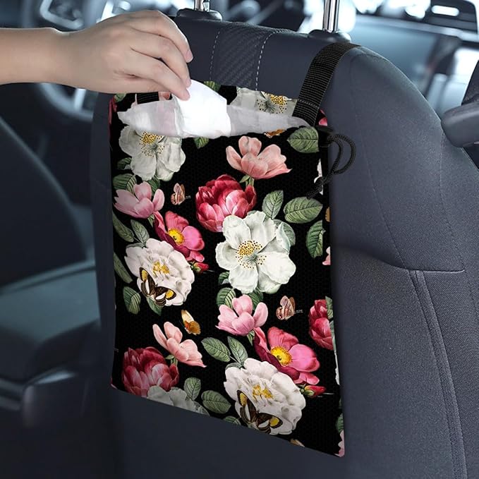 GEGEPINK Car Trash Bag Hanging Back of Seat Waterproof Small Cute Printed One-handed Strap Drawstring Garbage Bags for Car-Black Floral