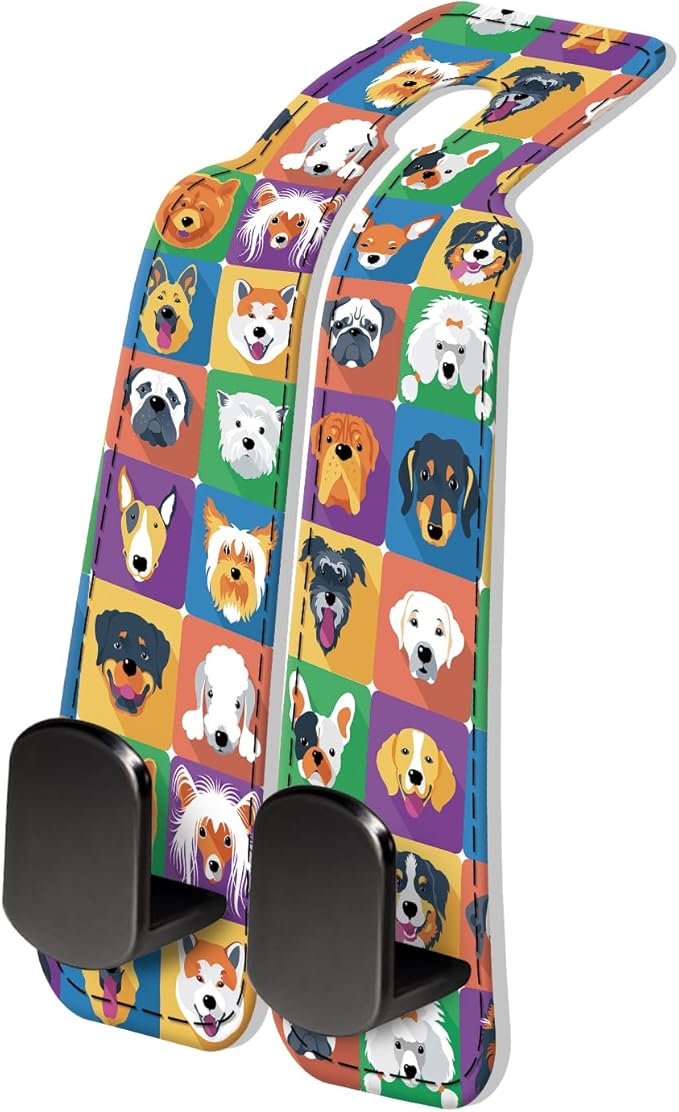 AXRQLSU PU Leather Car Seat Hook, Storage Headrest Hanger, Cute Car Backseat Organizer, Car Hooks for Purses and Bags Colorful Dog Faces