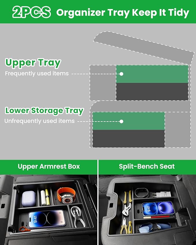 Wexyldra Center Console Organizer, 2PCS Storage Tray Compatible with 2019-2025 Chevy Silverado/GMC Sierra 1500 & 2020-2025 Chevy Silverado/Sierra 2500HD 3500HD (Split-Bench Folding Seat)-Black