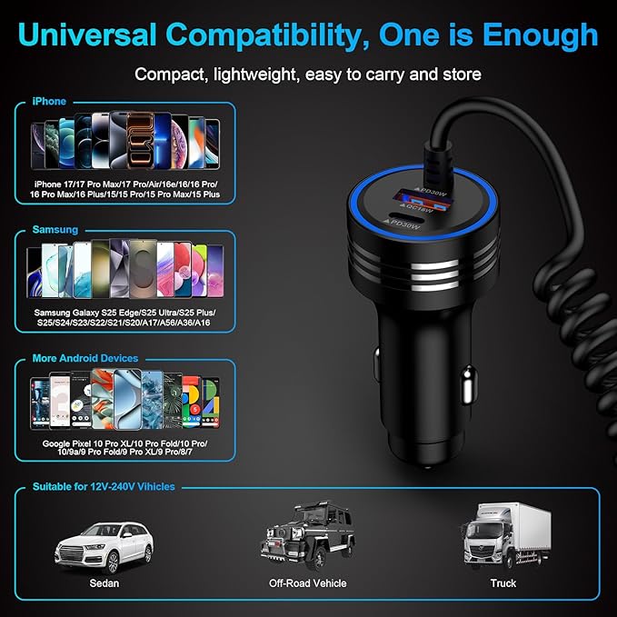 78W 3-Port Samsung Car Charger USB C Fast Charge for Samsung Galaxy S26 Ultra S26 Plus S25 FE S25 Edge S24 A17 A56 A36 A26 A16 A55 A35 A25 A15,Rapid Car Charger Adapter+Coild Type C Fast Charging Cord