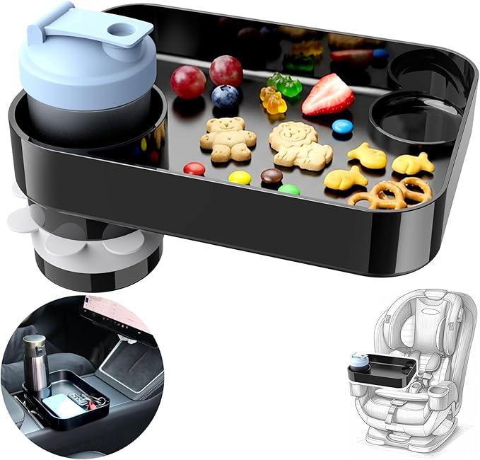 Car Seat Snack Tray for Kids, Square Car Seat Cup Holder Snack Tray with Adjustable Base, Durable CarSeat Tray for Toddlers, Universal Fit for Tesla, Safety Seats, Car Center Consoles (Black)