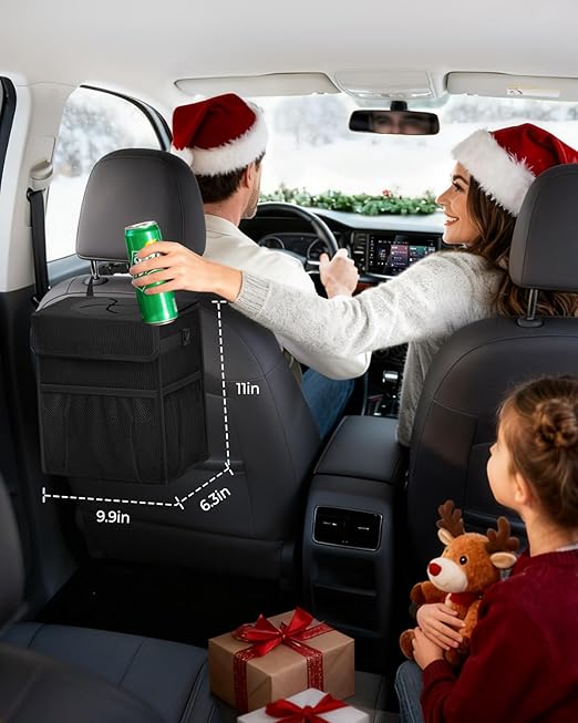HORJONES Corduroy Car Trash Can with Lid and Mesh Pockets - Leakproof Organizer,Multipurpose Waterproof Garbage Can/Trash Bin for Car(Black-3 Gallons)