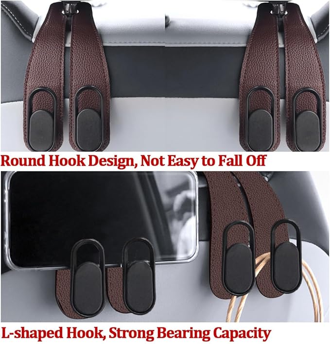 2PCS Car Seat Headrest Hook, Leather Dual Hook Vehicle Seat Back Storage Organizer for Purse Handbag Umbrella, Auto Backseat Groceries Hanger Holder, Universal for Truck SUV Sedan (Brown)