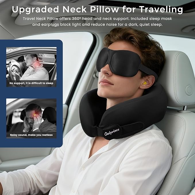Owlprince Travel Neck Pillow for Airplane, Neck Travel Pillow, Upgraded Soft 100% Pure Memory Foam - Lightweight and Stowable - Ergonomic Design for Long Flights, Car, Train, Office Use