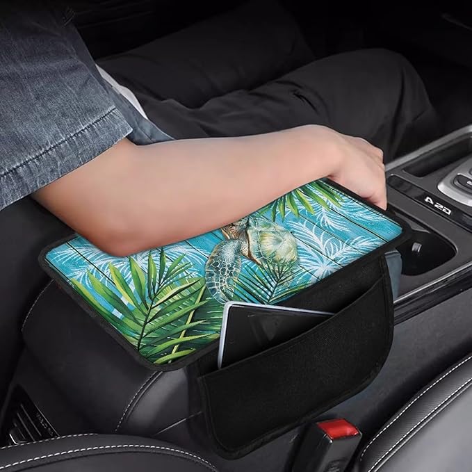 Dreaweet Tropical Leaf Print Car Armrest Cover Sea Turtle Car Accessories Center Console Cover with Pockets,Soft Arm Rest Cover for Car SUV Truck Sedan Van