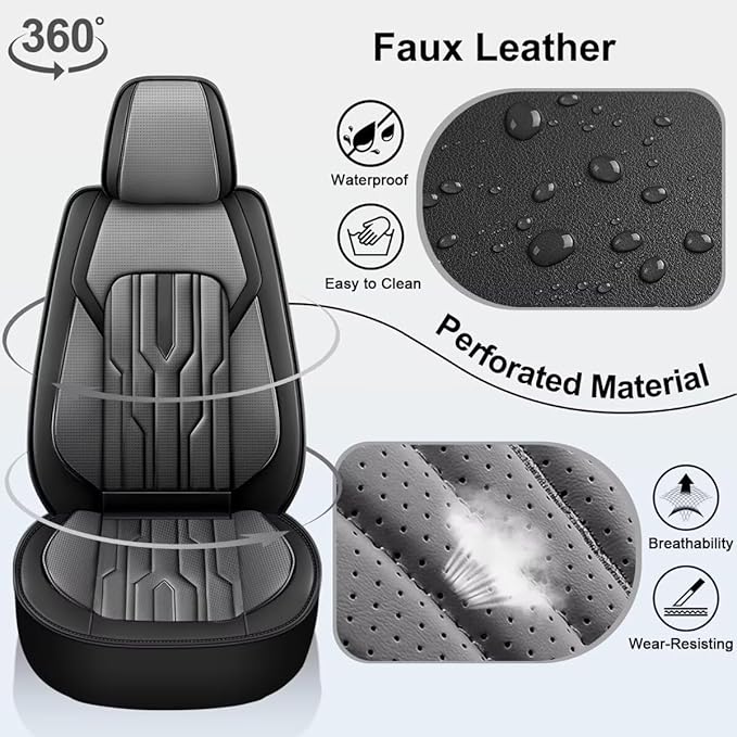 YORKNEIC Fit for Hyundai Azera Seat Covers 2006-2017: Leather Waterproof Car Seat Covers Anti-Slip Protector 2 Front Seat Set (2 Seats, Black&Grey)