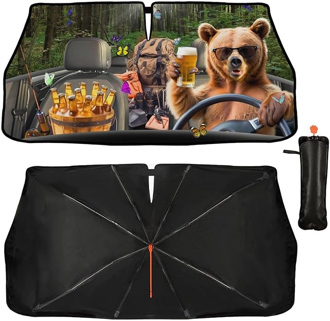 DOPINDU Bear Camping Car Windshield Sun Shade Umbrella Bendable Handle Foldable Funny Sunshade for Car Windshield Block UV Rays Keep Vehicle Cool for Most Sedans SUV Trucks Cars 57"x30"