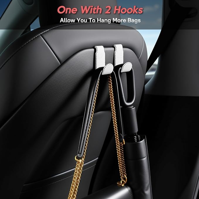 Car Seat Hooks for Tesla Model Y(Juniper) Model 3(Highland), Leather-Wrapped with Stainless Steel Core & Handmade Stitching, Purse Hanger Bag Holder, Automotive Seat Back Organizers (White-2 Pack)
