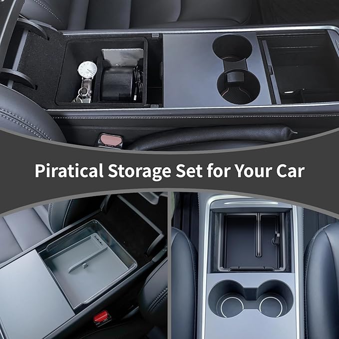 7 PCS Center Console Organizer Tray Set, 5 Storage Holders, Non-Slip Mat for Dual Cups, Webcam Cover, Compatible with Tesla M3 2024-2025, Model Y 2025, Interior Storage Accessories