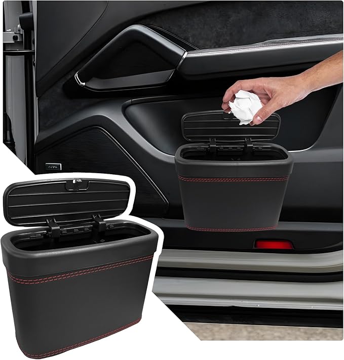 Car Trash Can with Lid, Leather Auto Dustbin Hanging Organizer with Mounting Clip, Multi-Purpose Leakproof Vehicle Garbage Bin Storage Container for Cars SUVs RVs (Black)