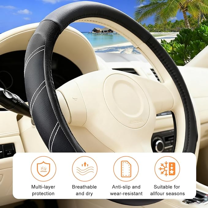 Car Steering Wheel Cover, 14.5-15" Non-Slip Leather Sporty Vehicle Steering Wheel Protector, Breathable Auto Interior Decoration Accessories, Universal for Van Truck Sedan (Black)
