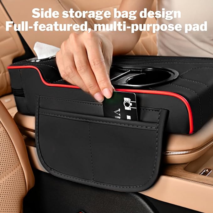LAFANDE Car Armrest Cushion | Heightening Pad Arm Rest for Car, Center Console Cover with Storage Bags Cup Holder, Tissue Box Slot, Easy to Install and Clean