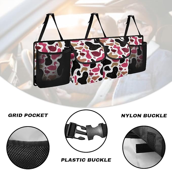 CLOHOMIN Pink Duck Camo Car Storage Organizer for Women Car Trunk Mesh Storage Bag Large Capacity Backseat Hanging Organizer for SUV Auto Sedan Truck Decor