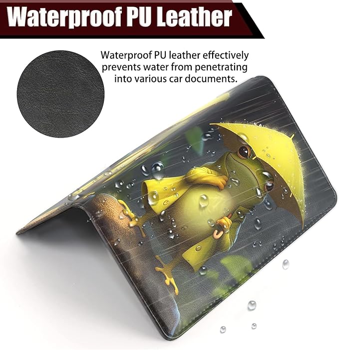 Car Registration and Insurance Holder, PU Leather Auto Document Holder for Men&Women, Vehicle Glove Box Compartment Organizer with Magnetic Shut for Driver's License, Frog Holding Umbrella Pattern