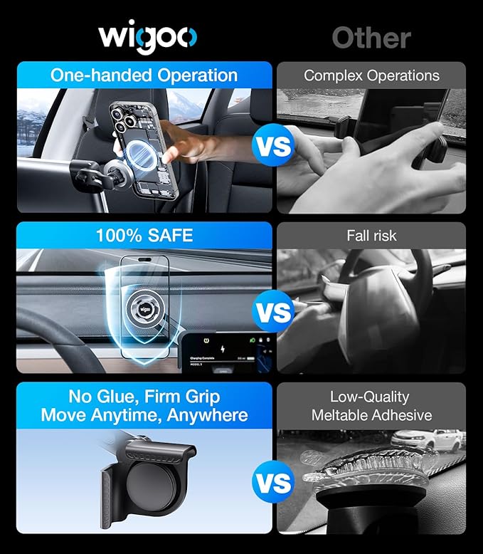 Wigoo Tesla Model Y/3 Phone Mount【Strongest Magnet, No Glue, No Blocking View】 Clamp-Style Silicone Phone Holder Holder Fit for All Phone, Tesla Model Y (Juniper) Accessories Model 3 Accessories