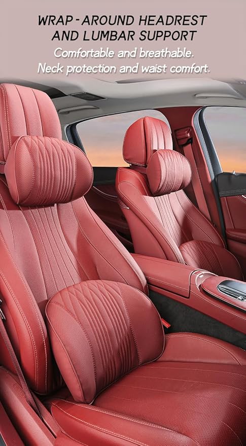 New Ergonomic Car Seat Headrest & Lumbar Cushion Skin-Friendly and Breathable for All Seasons Memory Foam Cover Durable Car Accessories Black
