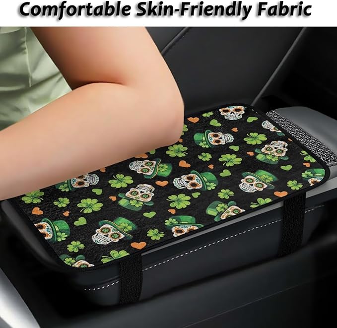 Bulopur St. Patrick's Skull Car Center Console Cover Protector Arm Rest Car Flannel Comfortable Auto Armrest Console Accessories Universal Fit Most Cars Women Men