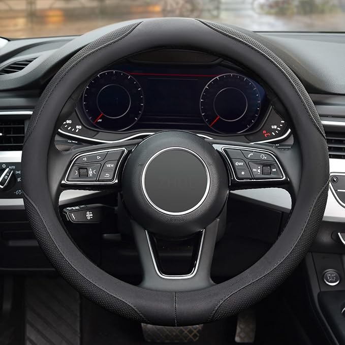 ZHO Microfiber Leather Steering Wheel Cover, Universal 14.5-15 Inch Breathable Anti-Slip Odorless Car Steering Wheels Accessories for Men Women, Black