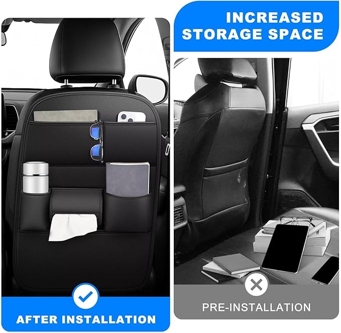 Ahsrnl Back Seat Protector 2 Pack Fit for Nissan Armada Car Kick Mats with Cup and Tissue Storage with Storage Organizer Waterproof Dirt Proof Faux Leather Auto Accessories for Kids(1 Pair Black)