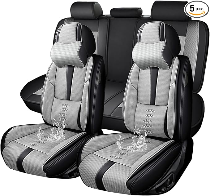 Premium Universal Car Seat Cover, Comfortable Leather Seat Cover for 96% of Models, Waterproof Car Seats Protectors Cushions for 5 Seats(Black+Grey,Pillows)