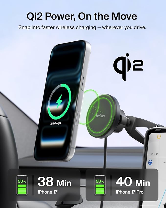 Belkin Wireless Car Charger, Magnetic Wireless Phone Mount for EV w/ 1M USB C Cable, Qi2 MagSafe Compatible Fast Charging for iPhone 17, Galaxy S25, Pixel 10, & More - Travel Accessories - Black