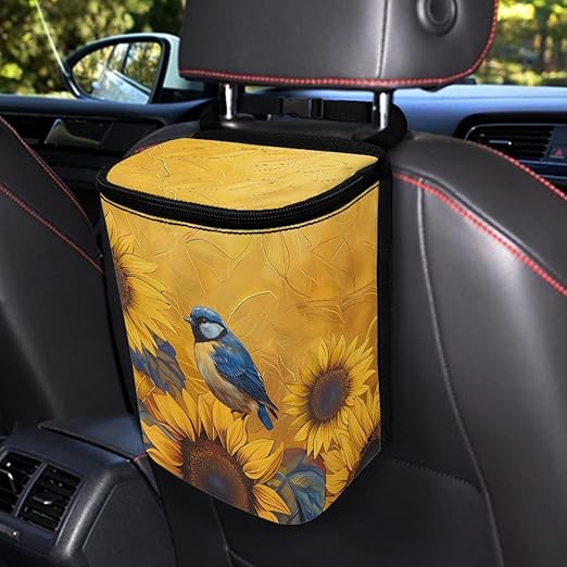 Sunflower Blue Bird Car Trash Can, Stylish Trash Bin Leak-Proof Zipper Design for Back Seat
