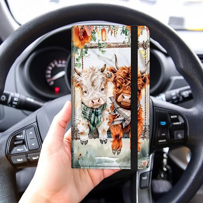 Tudguiloae Car Registration and Insurance Card Holder, Trunk Document Holder Organizer, Essential Vehicle Glove Box Organizer Leather Wallet or Driver, Cute Highland Cows