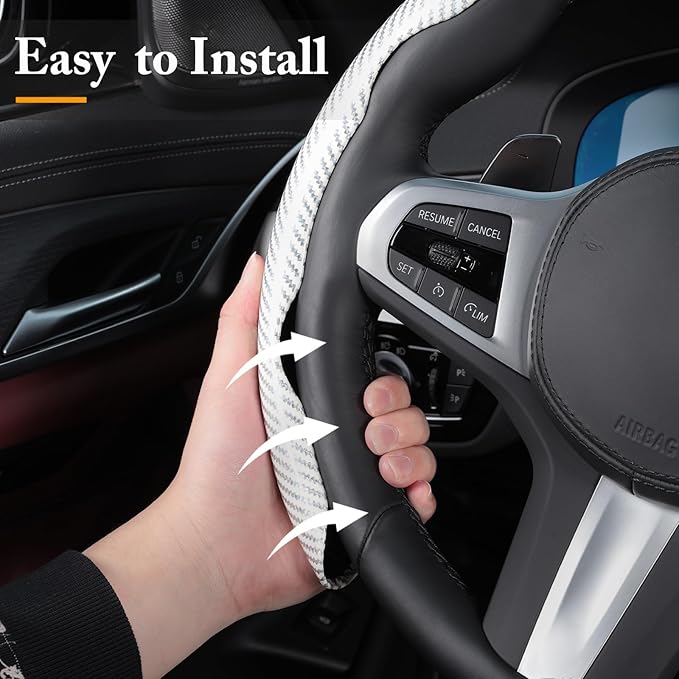 Carbon Fiber Steering Wheel Cover, Snap on Car Steering Wheel Cover Set Accessories 3pcs Wrap Grip Non Slip Protector Universal Glossy White