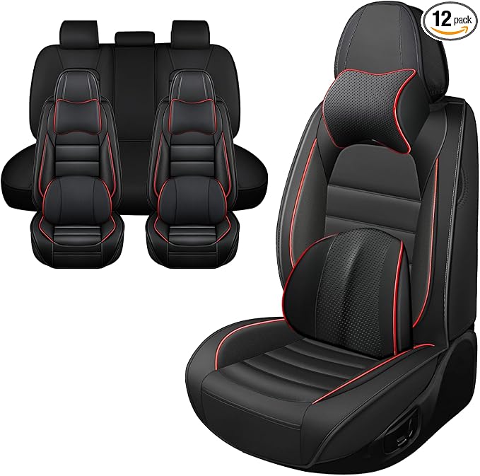 Iceleather Luxury Car Seat Covers for Ford Edge 2007-2025,Waterproof Soft Breathable PU Leather Seat Cover with Storage Pockets(Black&Red,Full Set with Pillow)