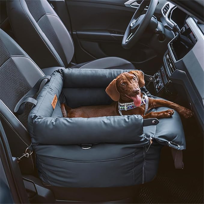 FUNNYFUZZY Leather Dog Car Seat for Small ＆ Medium Sized Dogs Up to 35lbs, Waterproof and Washable Dog Booster Seat Car Bed for Travel and Home,Portable and Safety(Blue)
