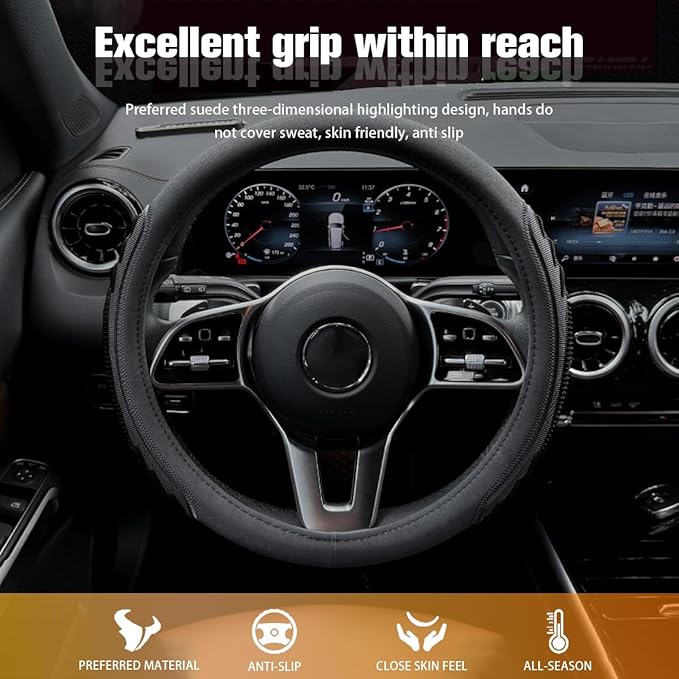 HZEL Car Steering Wheel Cover, 14.5-15" Breathable Vehicle Steering Wheel Protector with Anti-Slip Lining, Comfortable Auto Interior Decoration Accessories, Universal for Truck SUV Sedan (Black)