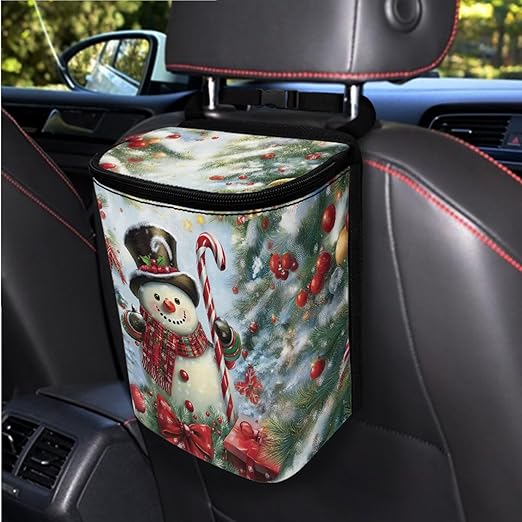 Christmas Snowman Printed Car Trash Can with Zipper Lid - 1.2 Gallons Car Garbage Bin Hanging for Back of Front Seats or Tail of Console, Easy to Install, Multi-Scene Use for Car or Camping