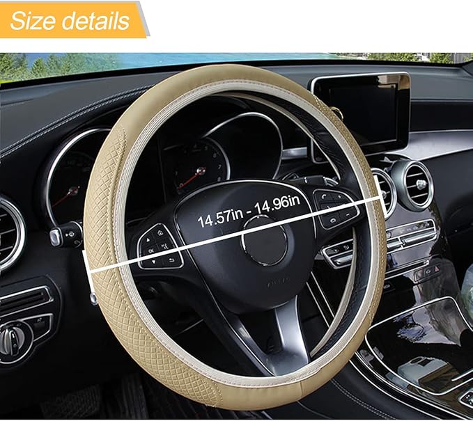 Leather Car Steering Wheel Cover, Elastic, Breathable Anti-Slip, Universal 15 inch, Steering Wheel Cover for Men Women (Beige)
