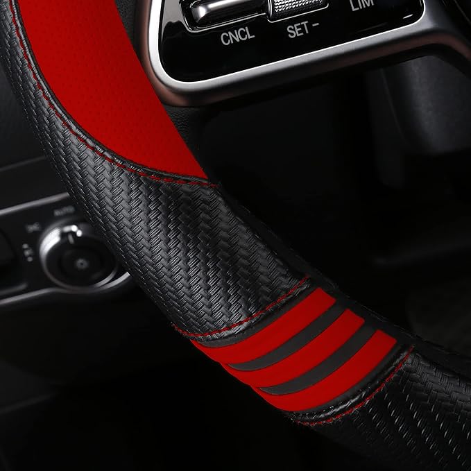 Car Steering Wheel Covers for Women Girl Padded Carbon Fiber PU Leather Cute Cartoon Auto Interior Accessories for Jeep, Truck, Universal, Anti Slip, Red, Large Size, 15.2-16in