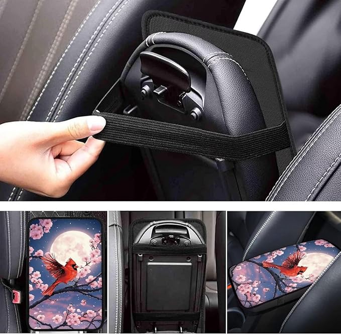 Cardinal Moon Print Armrest Cushion Cover for Car Cherry Blossom Print Car Center Console Armrest Cover Neoprene Car Arm Rest Pad