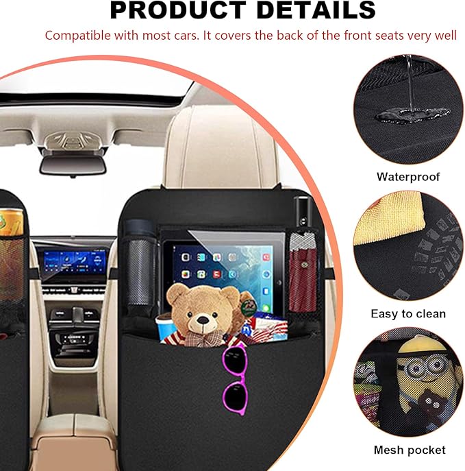 2 PCS Car Backseat Organizer, Heavy Duty Seat Back Storage Bag with Touch Screen Tablet Holder, Waterproof Kick Mats Back Seat Protector for Kids Toddlers, Car Accessories (Zipper)