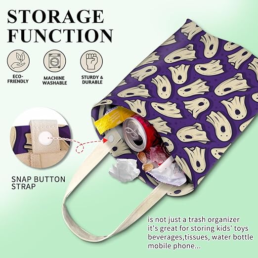 ABUIFDK Car Trash Can, Cute Car Trash Bag, Hanging Car Organizer and Storage Bag, Trash Bin for Car Accessories, Vehicle, Travelling, Camping Cute Purpule Ghost
