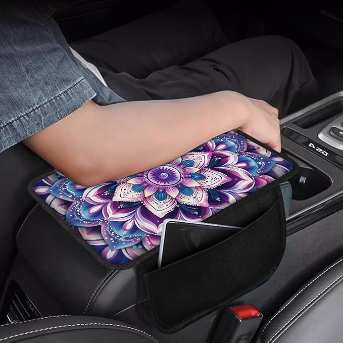 CLOHOMIN Boho Mandala Flower Car Armrest Cover Cushion Pad Decorative Accessories Purple Auto Center Console Cover Pad Universal Car Center Console Armrest Cover Fit for Most Vehicles