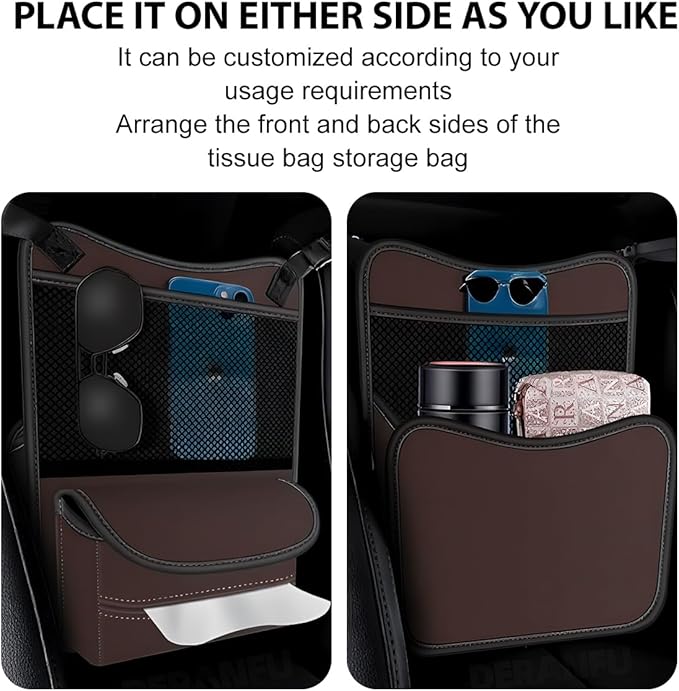 Car Organizer Storage Between Seats, Nappa Leather Large Capacity Vehicle Hanging Handbag Holder for Document Phone, Auto Interior Console Organizer Pocket, Universal Fit (Brown)