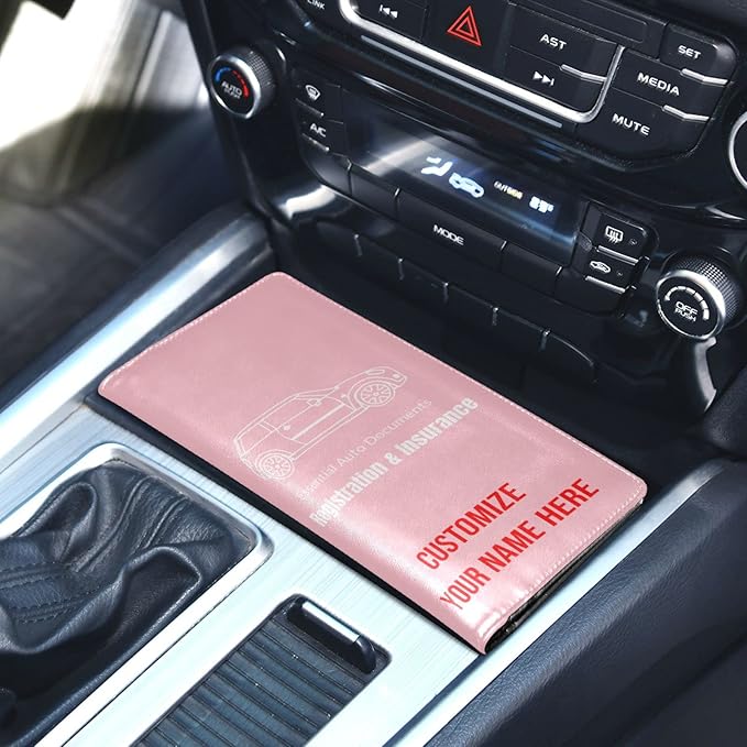 Caihoyu Custom Car Registration and Insurance Card Holder Personalized Leather Glove Box Organize Men Women Wallet Accessories Case for Cards, Essential Document Driver License Pink