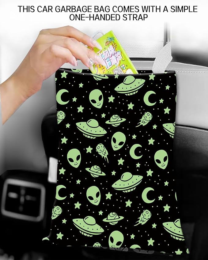 ANKVRP Car Garbage Can, Hanging Car Trash Can Bag for Vehicle, Cute Car Back Seat Organizer, Cute Green Alien