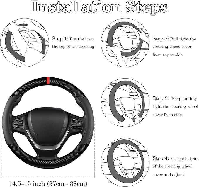 Black Carbon Fiber Leather Steering Wheel Cover, Microfiber Leather, Anti-Slip, Breathable, Universal Fit for 14.5–15 in Steering Wheel Cover for Men Women