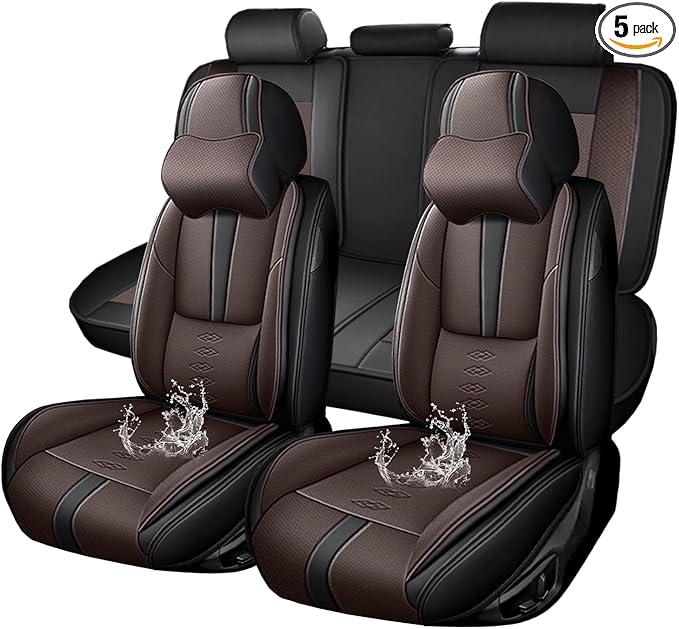 Premium Universal Car Seat Cover, Comfortable Leather Seat Cover for 96% of Models, Waterproof Car Seats Protectors Cushions for 5 Seats(Black+Coffee,Pillows)