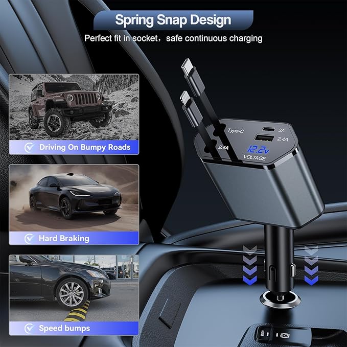 Retractable iPhone Car Charger, 4 in 1 66W Car Charger Fast Charging 2 Retractable Cable(PD & Lightning) and 2Port (USBC & USB A) Apple Car Charging Cigarette Lighter Adapter for iPhone 16/15/14/13/12